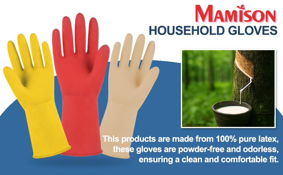 MAMISON household latex gloves made from 100% pure natural latex, powder-free and odorless. Durable reusable cleaning gloves in yellow, red, and beige colors.
