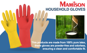 MAMISON household latex gloves made from 100% pure natural latex, powder-free and odorless. Durable reusable cleaning gloves in yellow, red, and beige colors.