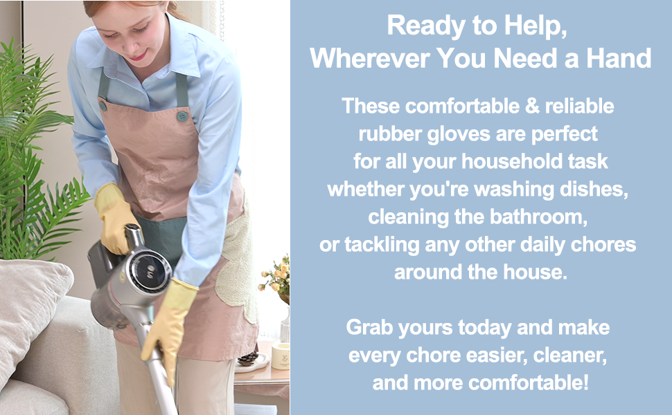 Comfortable and durable Mamison latex household cleaning gloves used while vacuuming. Perfect reusable rubber gloves for dishwashing, bathroom cleaning, and daily chores.