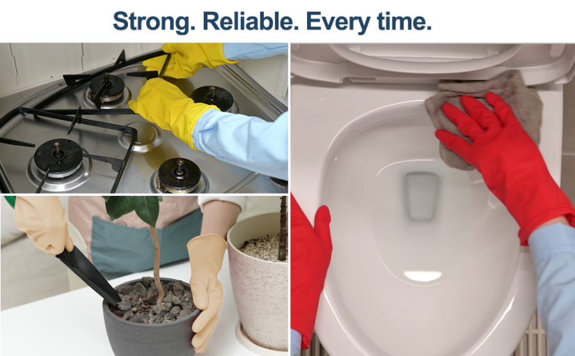 Mamison latex household gloves in yellow, red, and beige used for stove cleaning, gardening, and bathroom scrubbing. Strong, reliable reusable rubber gloves for everyday chores.