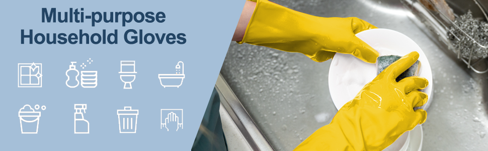 Mamison yellow latex household gloves used for dishwashing. Multi-purpose reusable rubber cleaning gloves for kitchen, bathroom, and home chores.