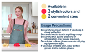 Mamison household rubber gloves available in 3 colors and 2 sizes. Model shows yellow, red, and beige reusable gloves for kitchen cleaning with safety usage precautions.