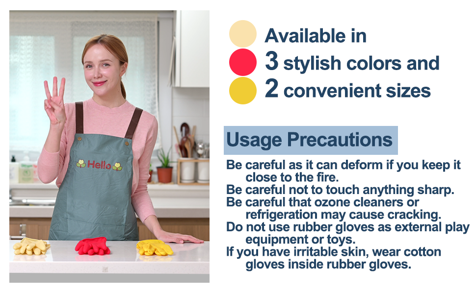 Mamison household rubber gloves available in 3 colors and 2 sizes. Model shows yellow, red, and beige reusable gloves for kitchen cleaning with safety usage precautions.