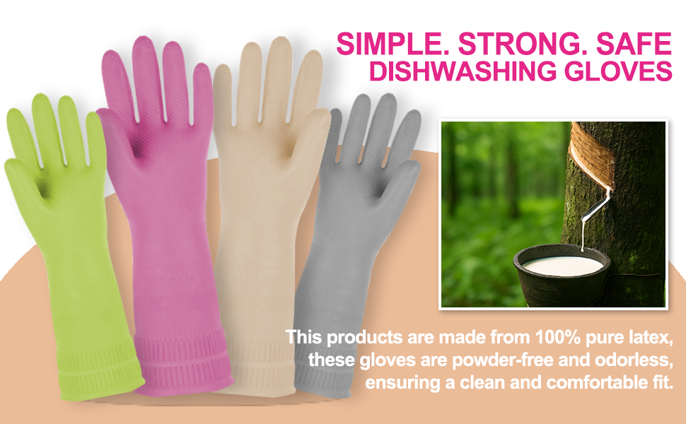 Mamison household dishwashing gloves made from 100% pure latex. Reusable, powder-free, odorless rubber gloves available in green, pink, beige, and gray for kitchen cleaning.