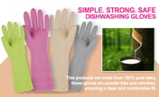 Mamison household dishwashing gloves made from 100% pure latex. Reusable, powder-free, odorless rubber gloves available in green, pink, beige, and gray for kitchen cleaning.