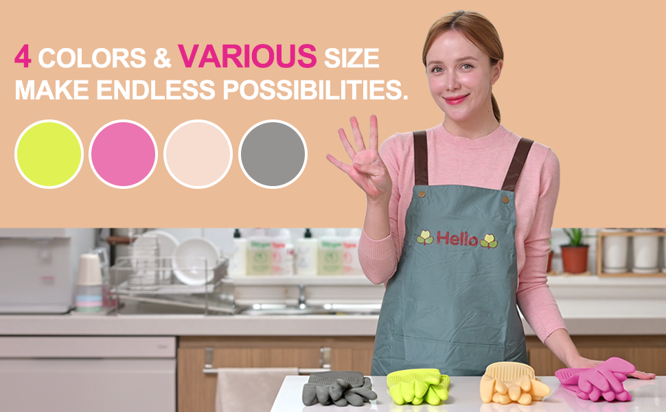 Mamison reusable household latex gloves available in 4 colors and various sizes. Durable, powder-free dishwashing gloves for kitchen and cleaning tasks.