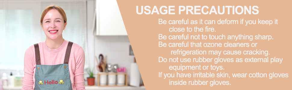 Mamison latex cleaning gloves usage precautions with model in kitchen. Safety tips for household rubber gloves include avoiding fire, sharp objects, ozone cleaners, and using cotton liners for sensitive skin.