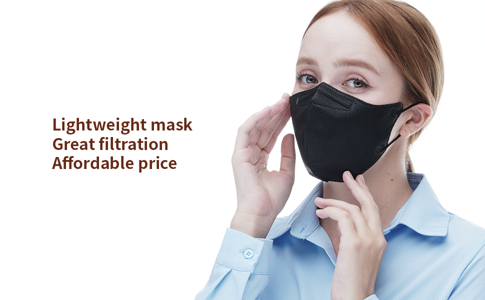 Model wearing black MAMISON KF94 mask, lightweight face mask with great filtration and affordable price, ergonomic design for daily comfort and protection