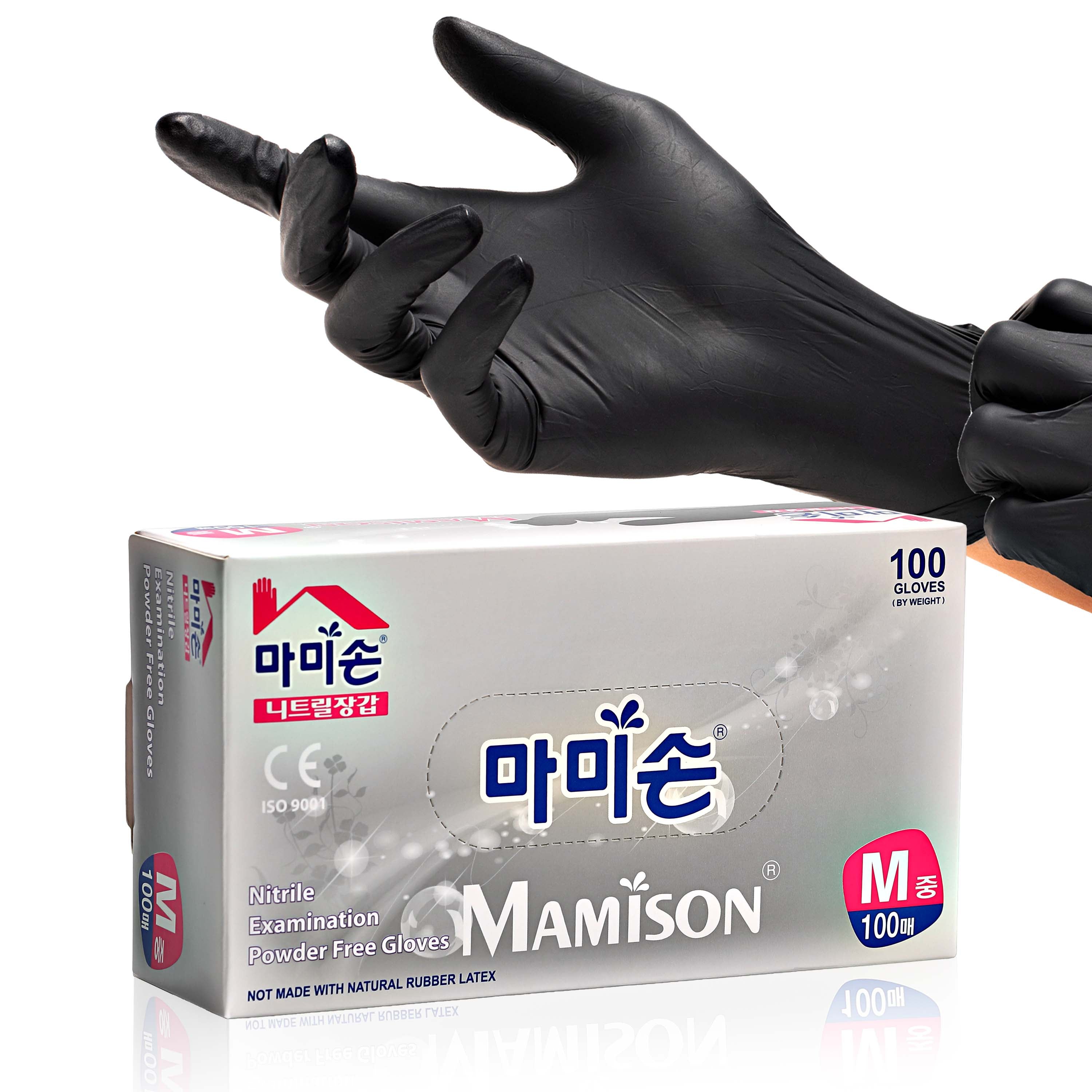 Black MAMISON nitrile examination gloves, medium size powder-free latex-free disposable gloves, 100 pack durable and comfortable for medical or daily use.