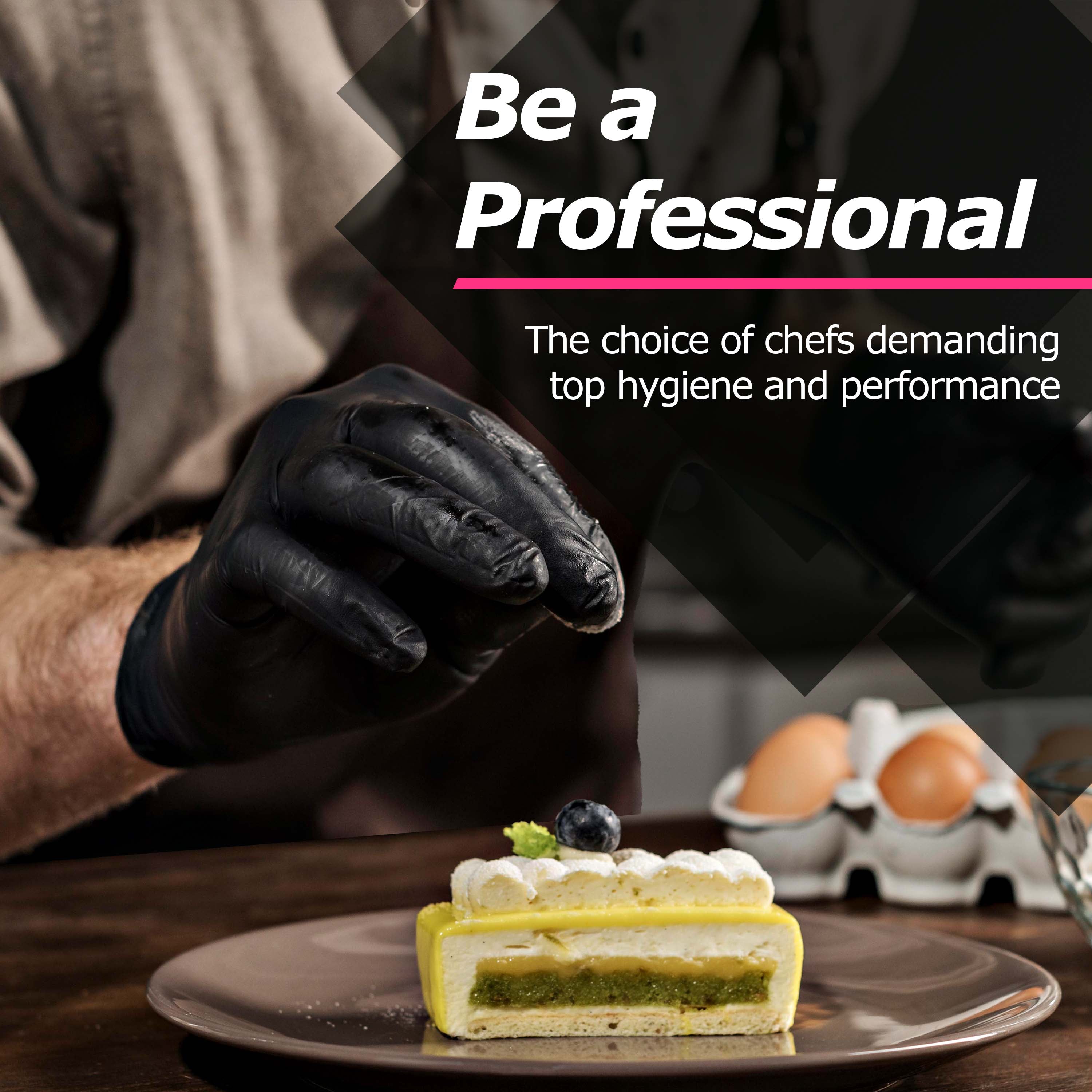 Chef wearing black MAMISON nitrile gloves preparing dessert, professional powder-free latex-free disposable gloves ensuring hygiene and high performance.