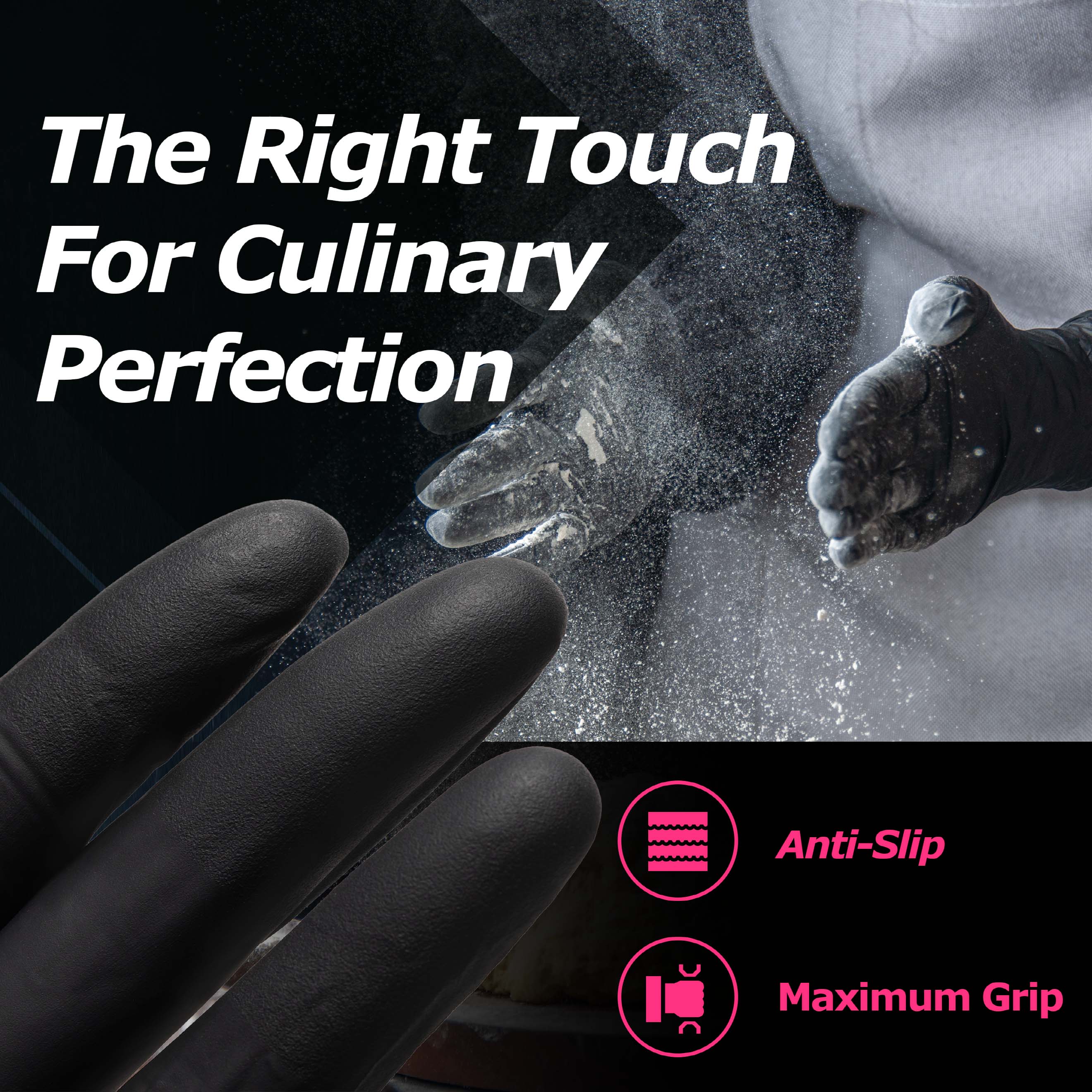 Black MAMISON nitrile gloves with anti-slip texture and maximum grip, professional powder-free latex-free disposable gloves for chefs and culinary perfection.