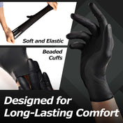 Black MAMISON nitrile gloves with soft elastic material and beaded cuffs, powder-free latex-free disposable gloves designed for long-lasting comfort and durability.
