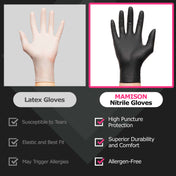 Comparison of latex gloves and MAMISON black nitrile gloves, highlighting superior durability, high puncture protection, allergen-free design, and long-lasting comfort.