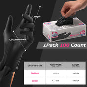 MAMISON black nitrile gloves medium and large sizes, 100 count pack, durable powder-free latex-free disposable gloves with size chart for palm width and length.