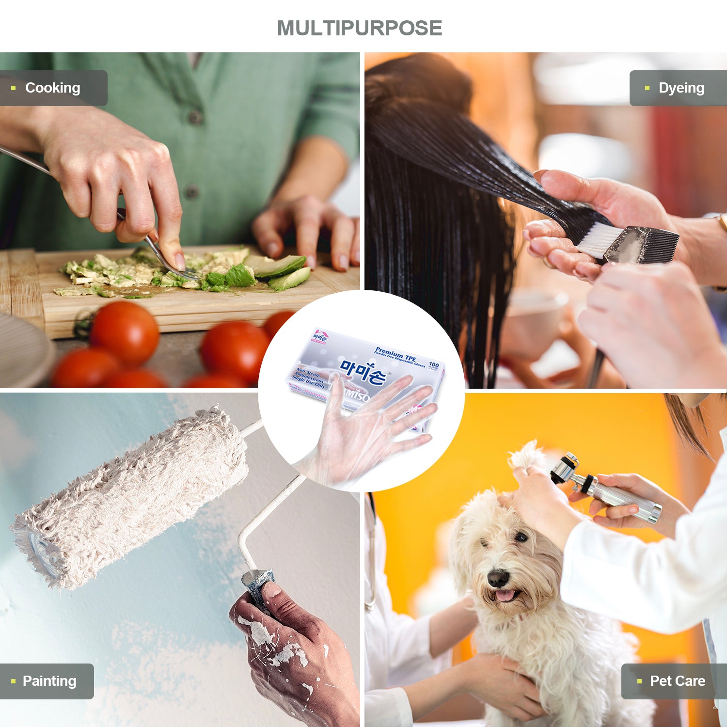 MAMISON TPE disposable gloves multipurpose use for cooking, hair dyeing, painting, and pet care. Latex-free, powder-free gloves ensure hygiene and comfort.