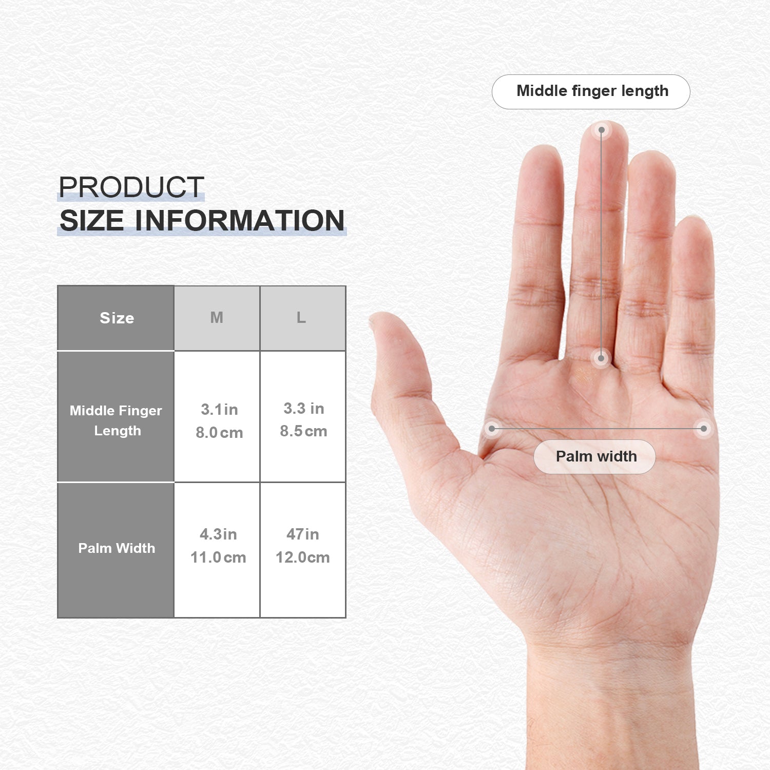 MAMISON TPE disposable gloves size chart with measurements for medium and large. Middle finger length 3.1–3.3 inches and palm width 4.3–4.7 inches for accurate fit.