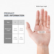 MAMISON TPE disposable gloves size chart with measurements for medium and large. Middle finger length 3.1–3.3 inches and palm width 4.3–4.7 inches for accurate fit.
