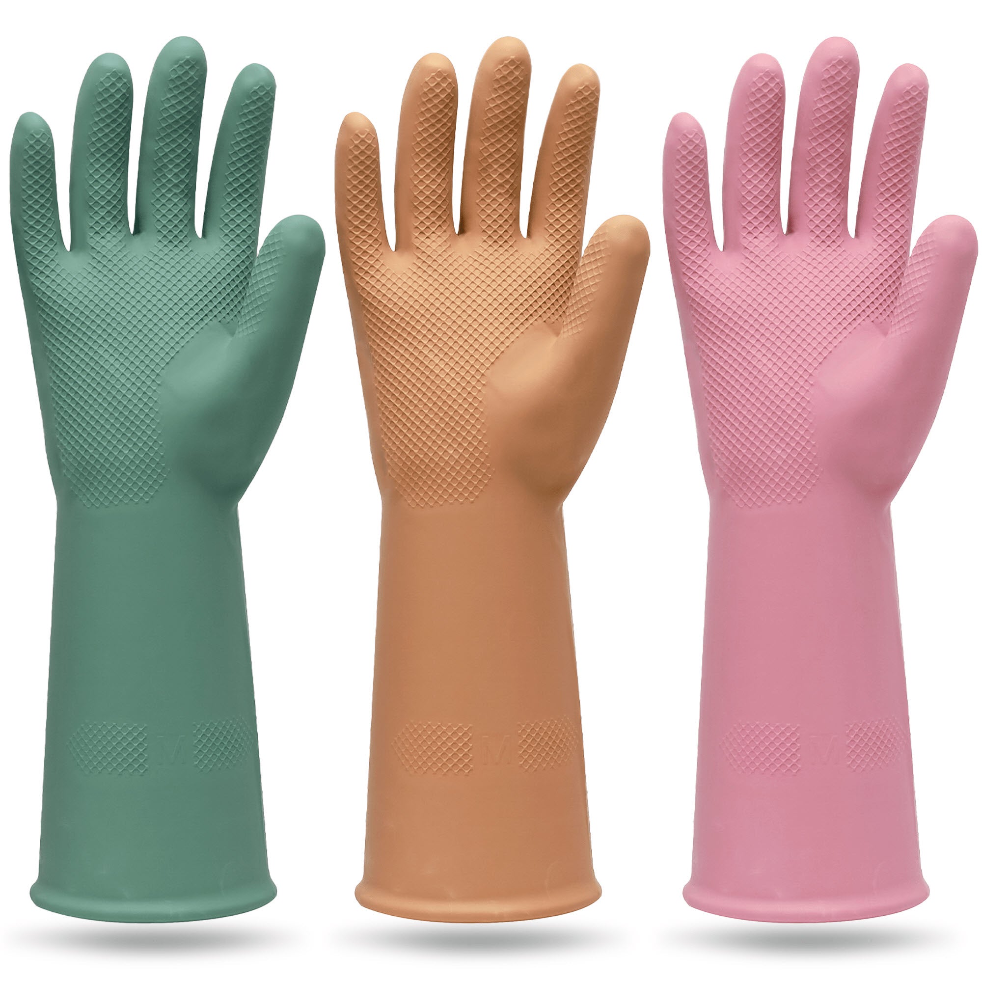 3 pairs colorful reusable rubber cleaning gloves in green, orange, and pink, waterproof non-slip dishwashing gloves for kitchen, bathroom, and household chores.