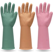3 pairs colorful reusable rubber cleaning gloves in green, orange, and pink, waterproof non-slip dishwashing gloves for kitchen, bathroom, and household chores.