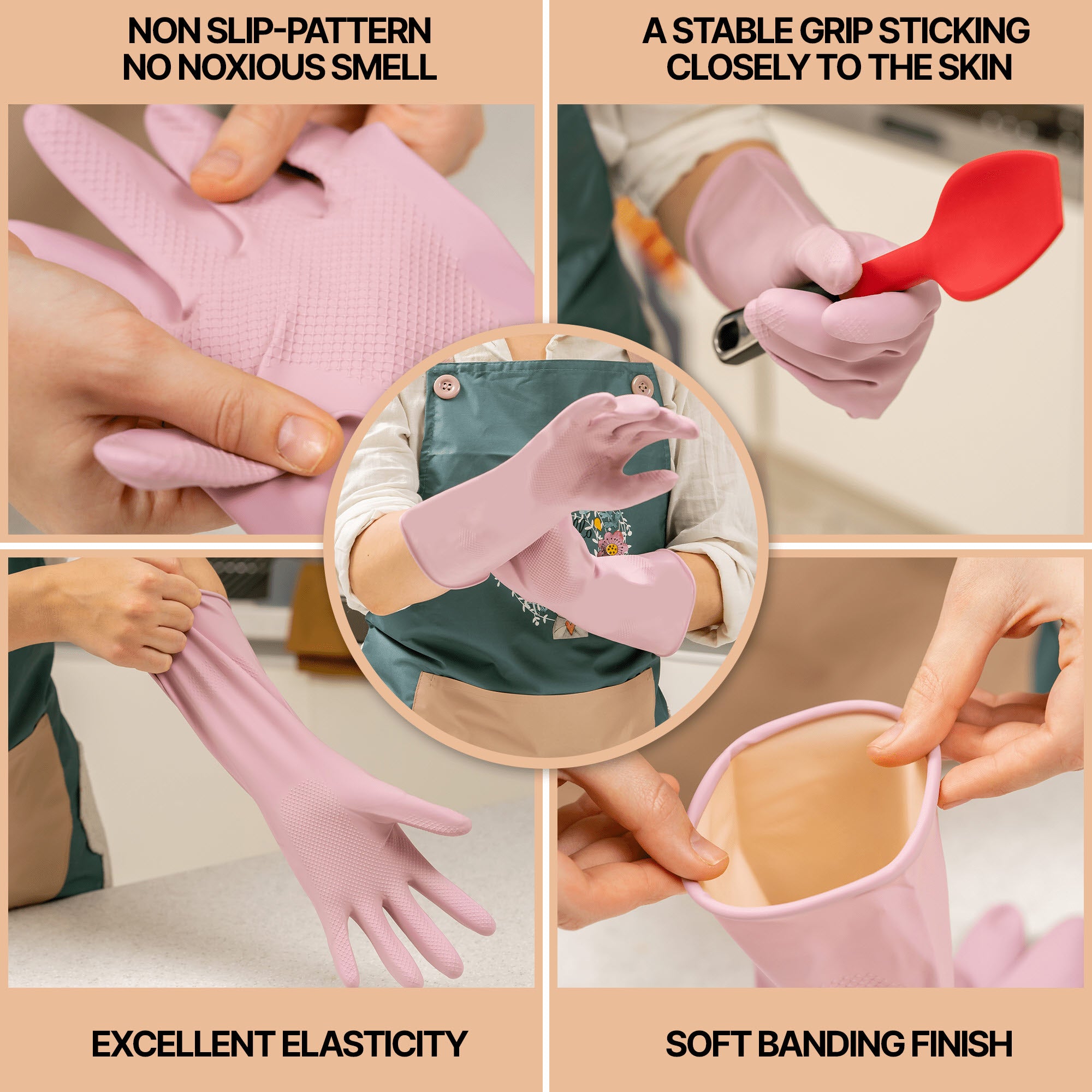 Pale purple MAMISON reusable rubber cleaning gloves with non-slip pattern, excellent elasticity, soft banding finish, odorless design, and secure kitchen grip.