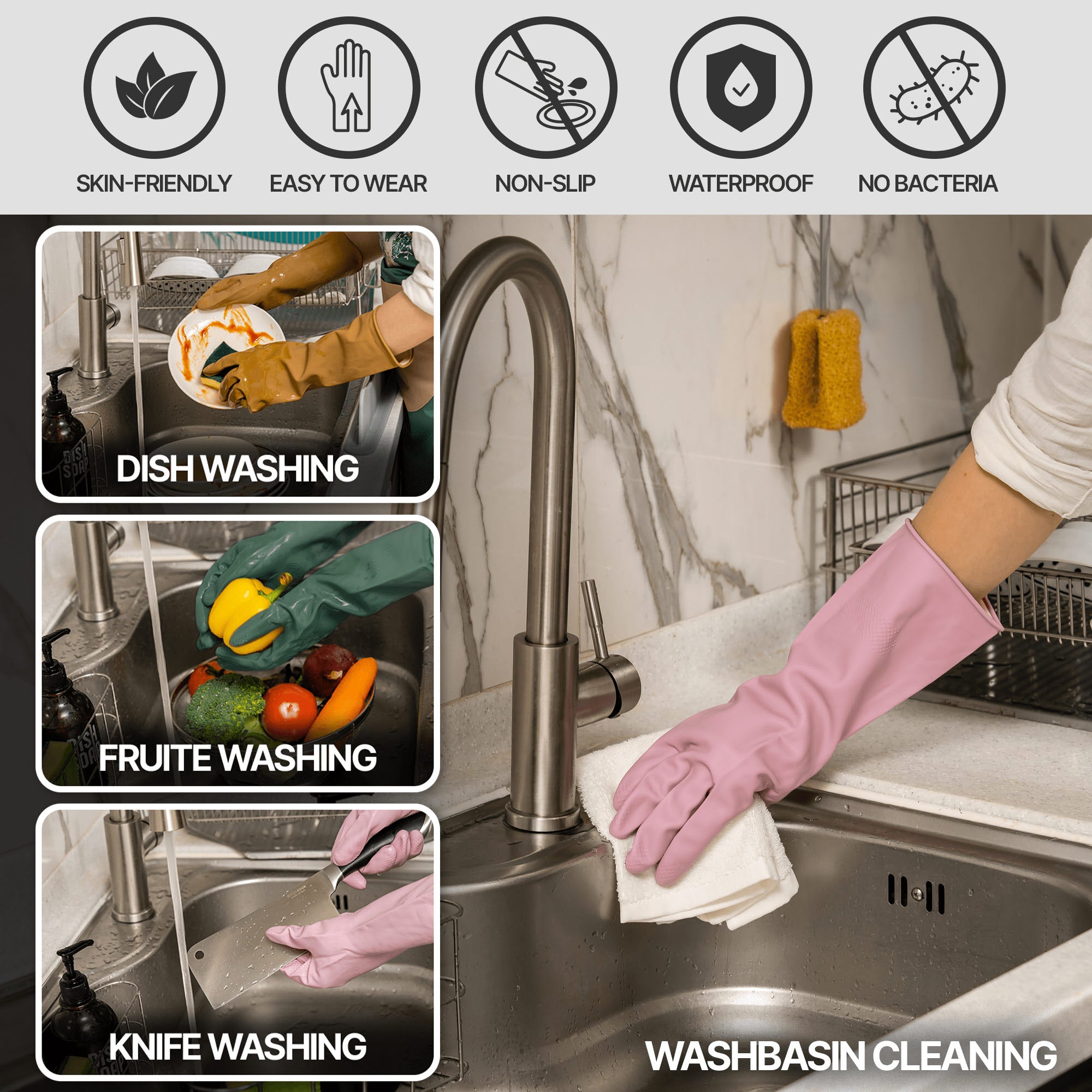 MAMISON reusable waterproof rubber cleaning gloves in green, brown, and purple used for dishwashing, fruit washing, knife washing, and washbasin cleaning.