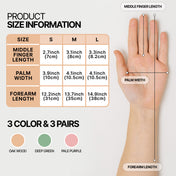 MAMISON reusable rubber cleaning gloves size chart with S, M, L measurements for middle finger length, palm width, forearm length, available in oak wood, deep green, and pale purple colors.